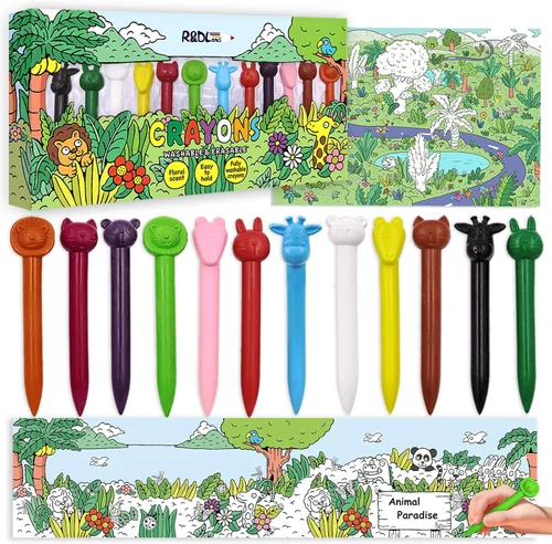 R&DLanci Animal Crayons for Toddlers, 11-colors Washable Crayon Set with Eraser & Drawing Paper